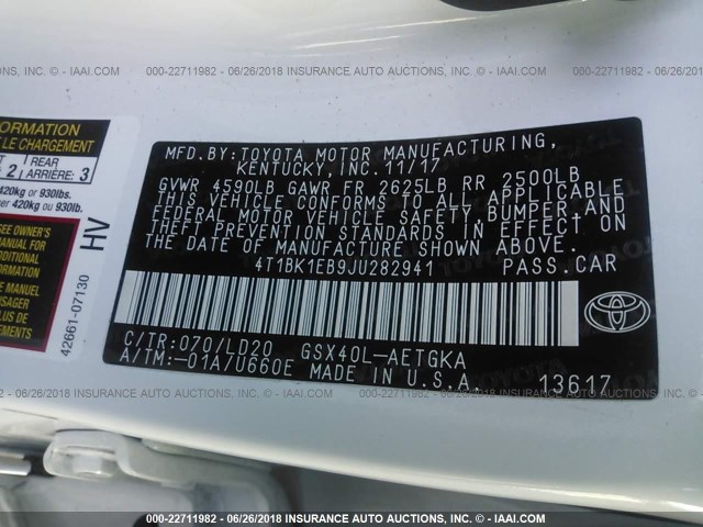 4T1BK1EB9JU282941 - 2018 TOYOTA AVALON XLE PLUS/PREMIUM/TOUR/LTD WHITE photo 9