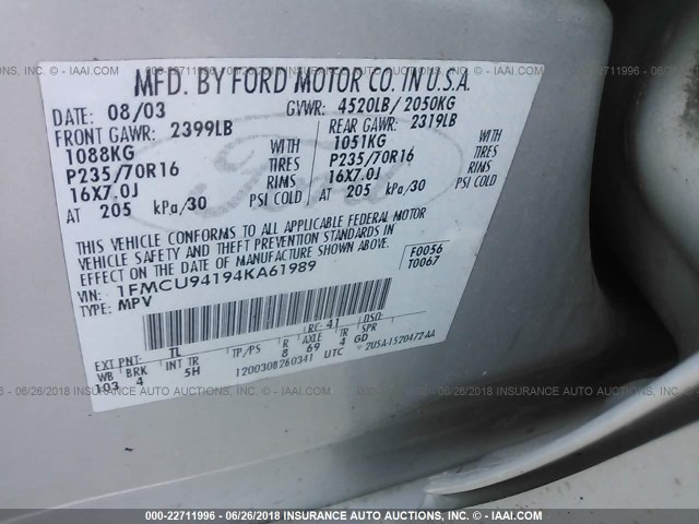 1FMCU94194KA61989 - 2004 FORD ESCAPE LIMITED SILVER photo 9