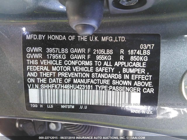 SHHFK7H46HU423181 - 2017 HONDA CIVIC SPORT Grau Foto 9