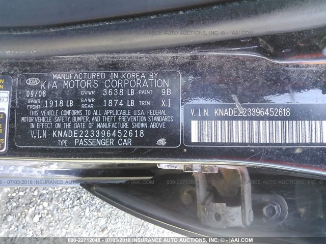 KNADE223396452618 - 2009 KIA RIO LX/SX BLACK photo 9