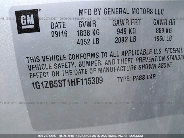 1G1ZB5ST1HF115309 - 2017 CHEVROLET MALIBU LS SILVER photo 9