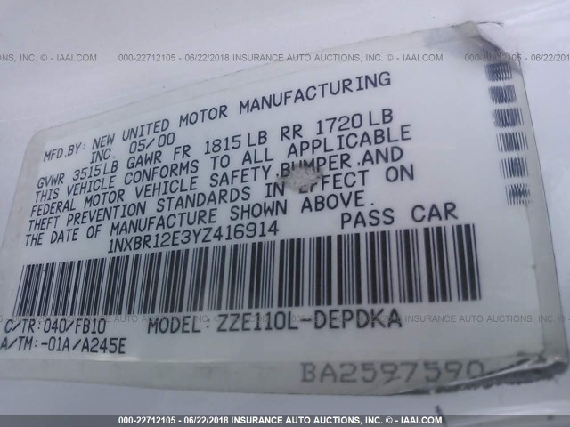 1NXBR12E3YZ416914 - 2000 TOYOTA COROLLA VE/CE/LE 白色 照片 9