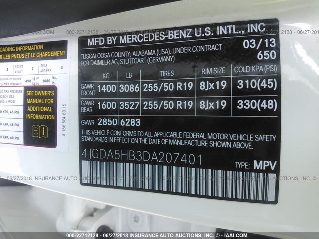 4JGDA5HB3DA207401 - 2013 MERCEDES-BENZ ML 350 4MATIC WHITE photo 9