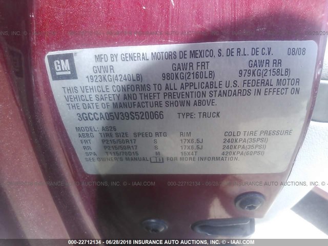 3GCCA05V39S520066 - 2009 CHEVROLET HHR PANEL LT RED photo 9