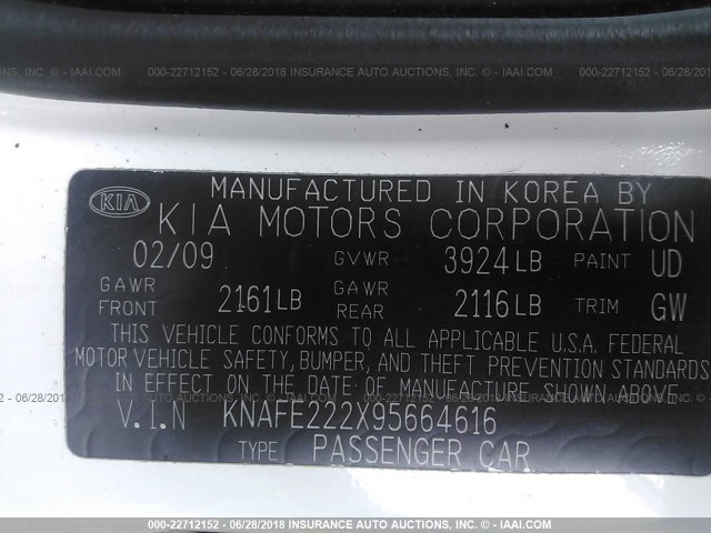 KNAFE222X95664616 - 2009 KIA SPECTRA EX/LX/SX WHITE photo 9