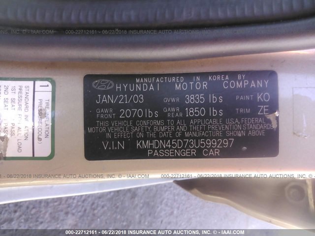 KMHDN45D73U599297 - 2003 HYUNDAI ELANTRA GLS/GT GOLD photo 9