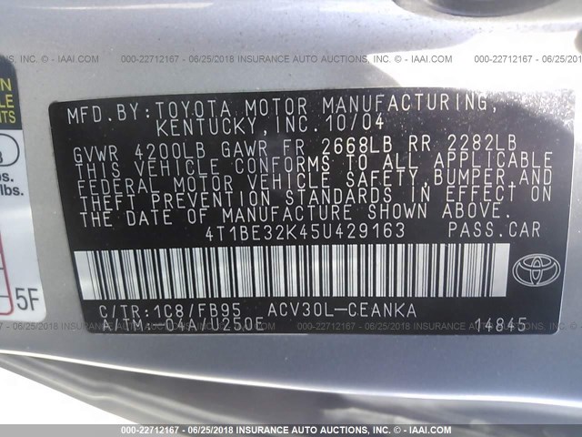 4T1BE32K45U429163 - 2005 TOYOTA CAMRY LE/XLE/SE ნაცრისფერი ფოტო 9