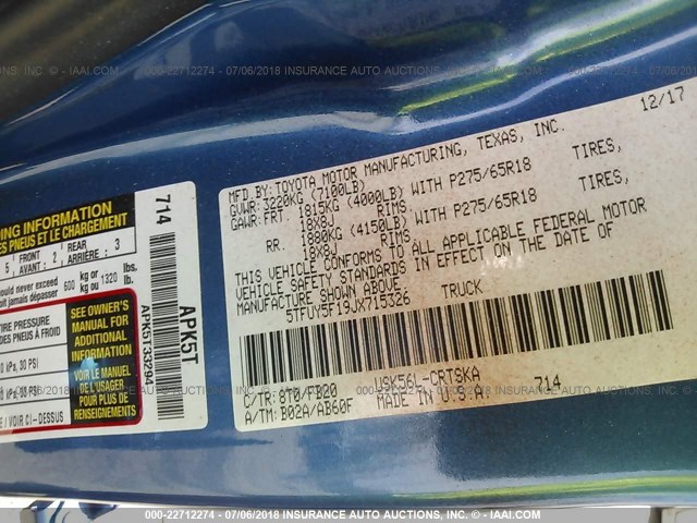 5TFUY5F19JX715326 - 2018 TOYOTA TUNDRA DOUBLE CAB SR/SR5 BLUE photo 9