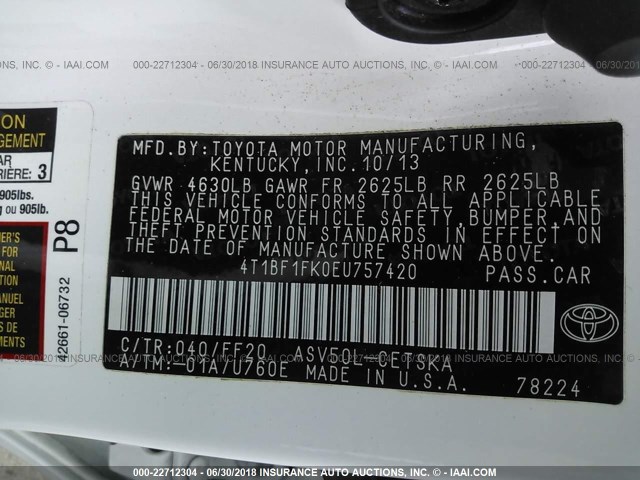 4T1BF1FK0EU757420 - 2014 TOYOTA CAMRY L/SE/LE/XLE Ağ foto 9