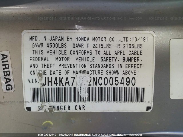 JH4KA7662NC005490 - 1992 ACURA LEGEND L GOLD photo 9