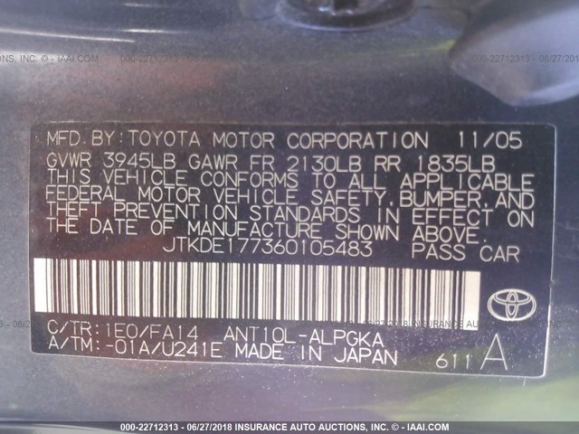 JTKDE177360105483 - 2006 TOYOTA SCION TC 灰色 照片 9