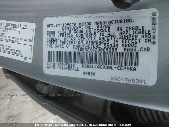 4T1BE32K42U069680 - 2002 TOYOTA CAMRY LE/XLE/SE ვერცხლისფერი ფოტო 9
