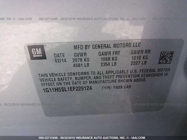 1G11H5SL1EF229124 - 2014 CHEVROLET MALIBU LTZ 银色 照片 9