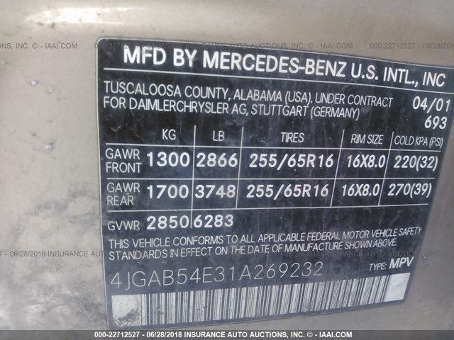 4JGAB54E31A269232 - 2001 MERCEDES-BENZ ML 320 Champagne photo 9