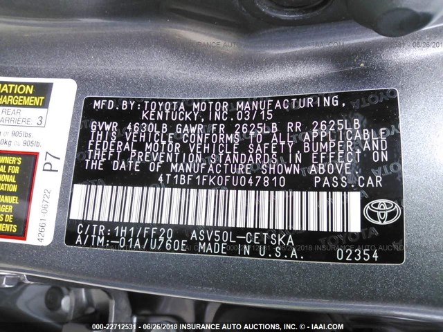 4T1BF1FK0FU047810 - 2015 TOYOTA CAMRY LE/XLE/SE/XSE GRAY photo 9