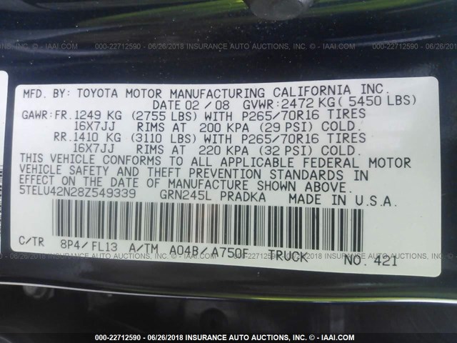 5TELU42N28Z549339 - 2008 TOYOTA TACOMA DOUBLE CAB ლურჯი ფოტო 9