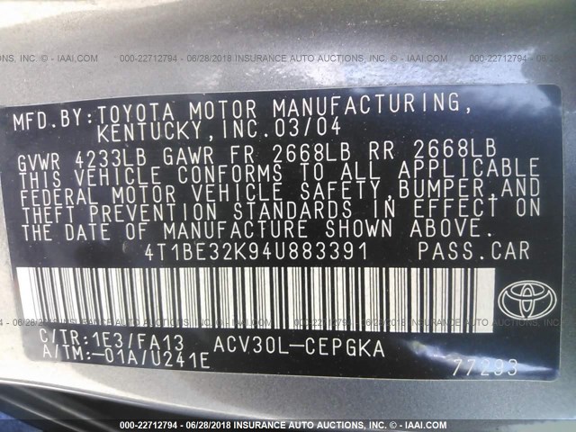 4T1BE32K94U883391 - 2004 TOYOTA CAMRY LE/XLE/SE Boz foto 9