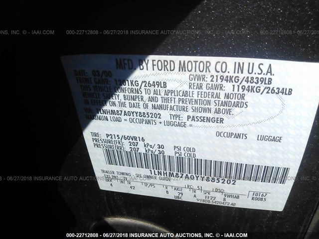 1LNHM87A0YY885202 - 2000 LINCOLN LS 黑色 照片 9