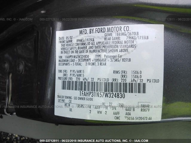 1FAHP31N57W324830 - 2007 FORD FOCUS ZX3/S/SE/SES GRAY photo 9