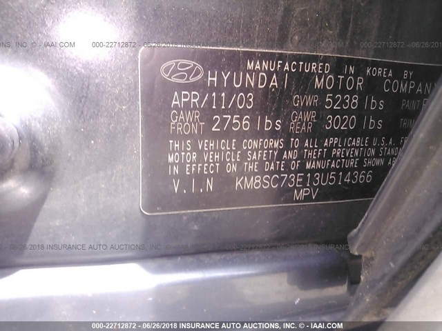 KM8SC73E13U514366 - 2003 HYUNDAI SANTA FE GLS/LX BLACK photo 9