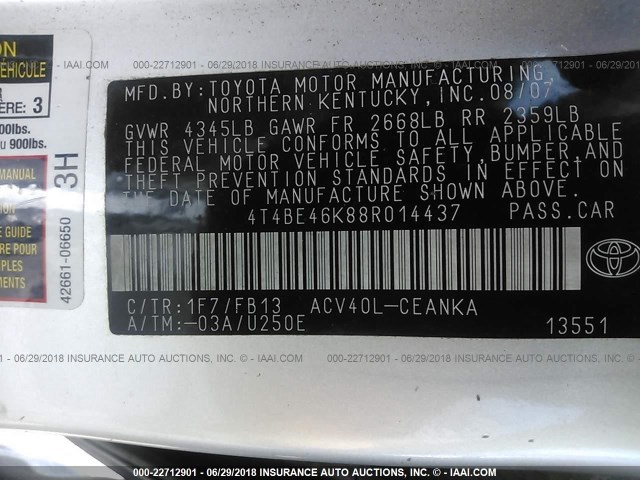 4T4BE46K88R014437 - 2008 TOYOTA CAMRY CE/LE/XLE/SE SILVER photo 9