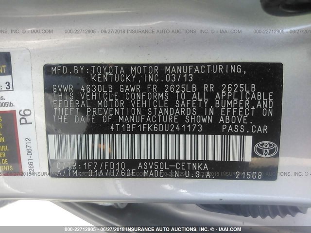 4T1BF1FK6DU241173 - 2013 TOYOTA CAMRY L/SE/LE/XLE 银色 照片 9