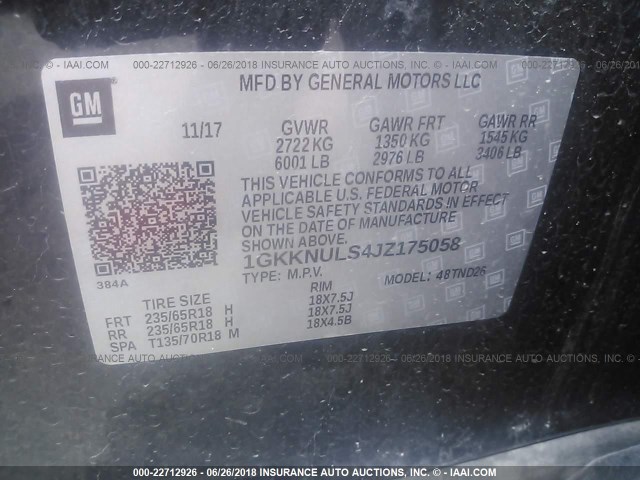 1GKKNULS4JZ175058 - 2018 GMC ACADIA SLT-1 Czarny zdjęcie 9