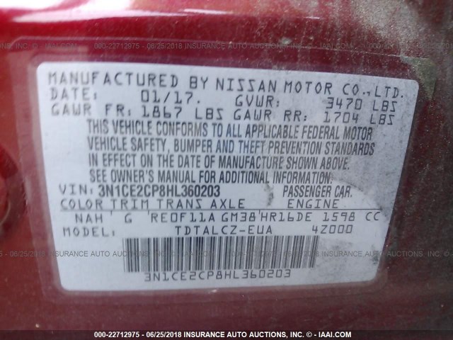 3N1CE2CP8HL360203 - 2017 NISSAN VERSA NOTE S/S PLUS/SV/SL/SR RED photo 9