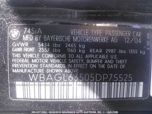 WBAGL63505DP75525 - 2005 BMW 745 I BLACK photo 9