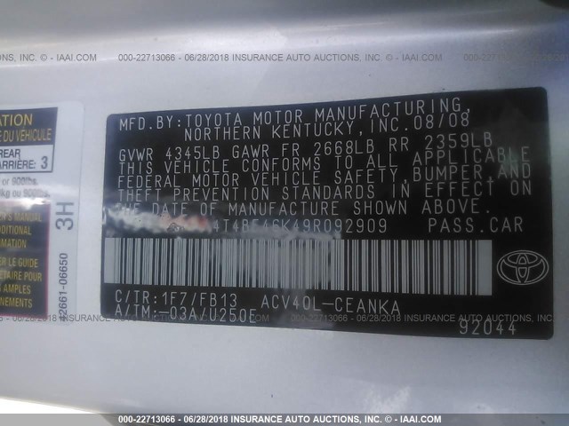 4T4BE46K49R092909 - 2009 TOYOTA CAMRY SE/LE/XLE SILVER photo 9