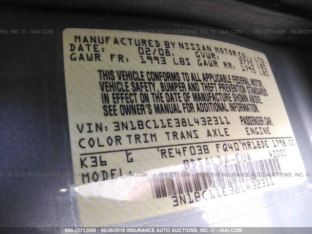 3N1BC11E38L432311 - 2008 NISSAN VERSA S/SL GRAY photo 9