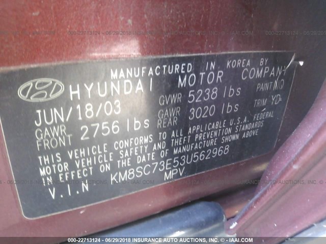 KM8SC73E53U562968 - 2003 HYUNDAI SANTA FE GLS/LX RED photo 9