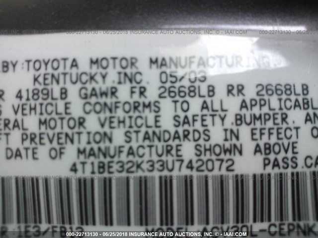 4T1BE32K33U742072 - 2003 TOYOTA CAMRY LE/XLE/SE ნაცრისფერი ფოტო 9