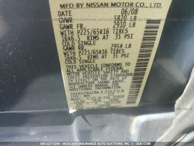 5N1BV28U28N120258 - 2008 NISSAN QUEST S/SE/SL BLUE photo 9