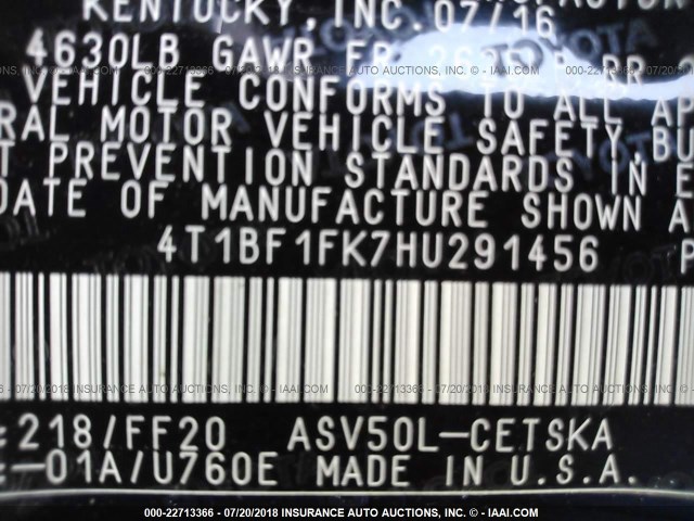 4T1BF1FK7HU291456 - 2017 TOYOTA CAMRY LE/XLE/SE/XSE BLACK photo 9