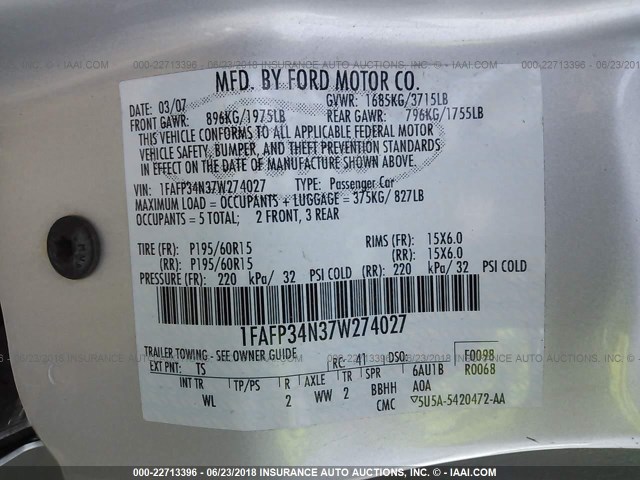 1FAFP34N37W274027 - 2007 FORD FOCUS ZX4/S/SE/SES 灰色 照片 9