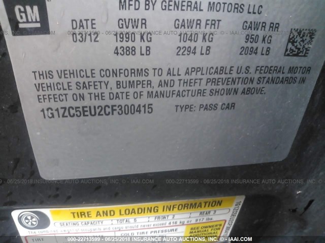 1G1ZC5EU2CF300415 - 2012 CHEVROLET MALIBU 1LT 黑色 照片 9