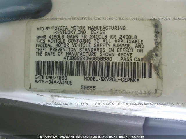 4T1BG22K0WU856930 - 1998 TOYOTA CAMRY CE/LE/XLE 白色 照片 9