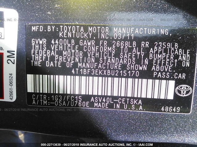 4T1BF3EKXBU215170 - 2011 TOYOTA CAMRY SE/LE/XLE ნაცრისფერი ფოტო 9