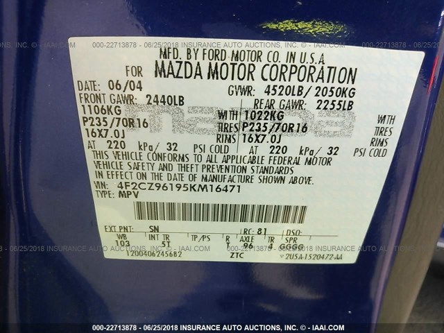 4F2CZ96195KM16471 - 2005 MAZDA TRIBUTE S BLUE photo 9