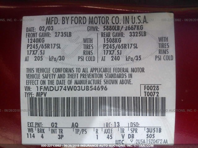 1FMDU74W03UB54696 - 2003 FORD EXPLORER EDDIE BAUER RED photo 9