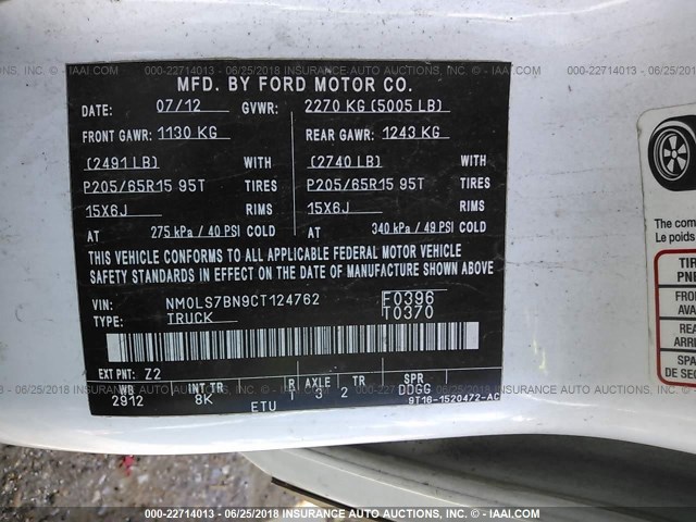 NM0LS7BN9CT124762 - 2012 FORD TRANSIT CONNECT XLT WHITE photo 9