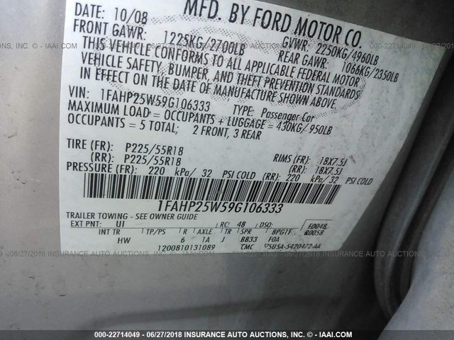 1FAHP25W59G106333 - 2009 FORD TAURUS LIMITED SILVER photo 9