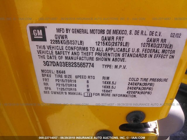 3G7DA03E82S565774 - 2002 PONTIAC AZTEK YELLOW photo 9