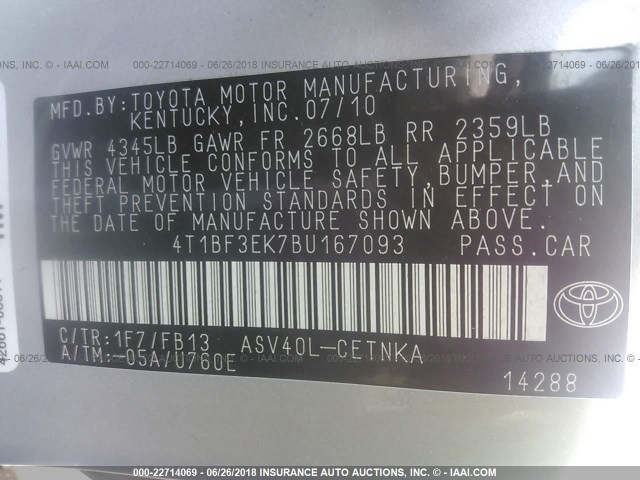 4T1BF3EK7BU167093 - 2011 TOYOTA CAMRY SE/LE/XLE 银色 照片 9