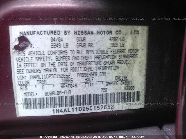 1N4AL11D25C152652 - 2005 NISSAN ALTIMA S/SL MAROON photo 9