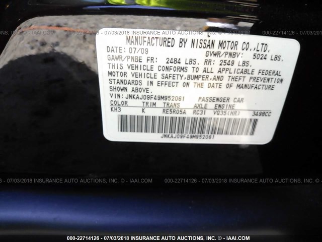 JNKAJ09F49M952061 - 2009 INFINITI EX35 JOURNEY BLACK photo 9