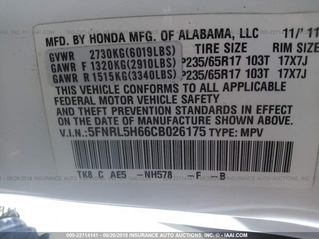 5FNRL5H66CB026175 - 2012 HONDA ODYSSEY EXL WHITE photo 9