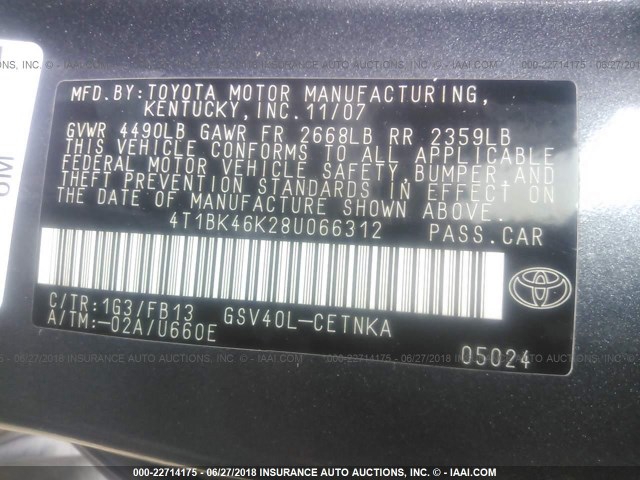 4T1BK46K28U066312 - 2008 TOYOTA CAMRY LE/XLE/SE 灰色 照片 9