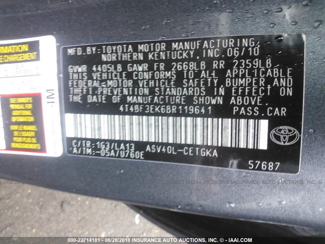 4T4BF3EK6BR119641 - 2011 TOYOTA CAMRY SE/LE/XLE GRAY photo 9